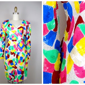 S/M Abstract Neon Sequin Dress / Retro Floral Bright Beaded Dress Medium