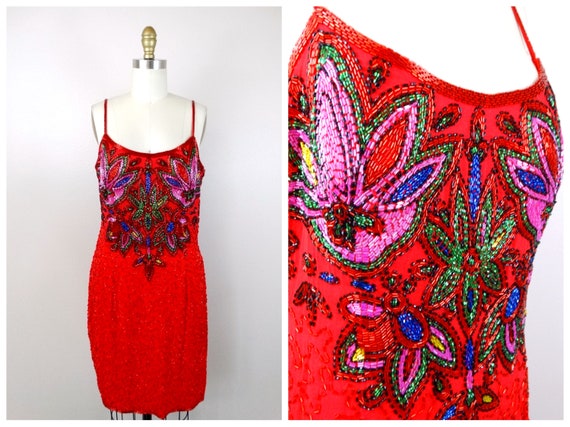 Red Silk Pink Beaded Dress // Bright Sequin Embel… - image 8