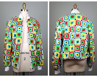 80s Neon Sequined Bomber // Bright Color Block Sequin Retro Checkered Jacket