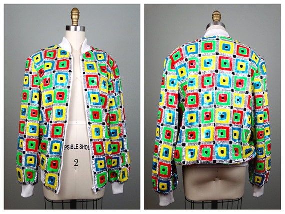 80s Neon Sequined Bomber // Bright Color Block Se… - image 1