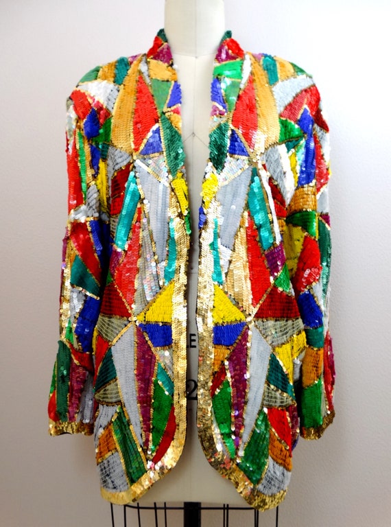 Mosaic Sequin Vintage Jacket / Colorful Fully Emb… - image 3