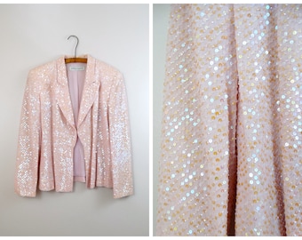 S/M Fancy Iridescent Pink Beaded Sequin Blazer // Vintage Blush Pastel Evening Jacket