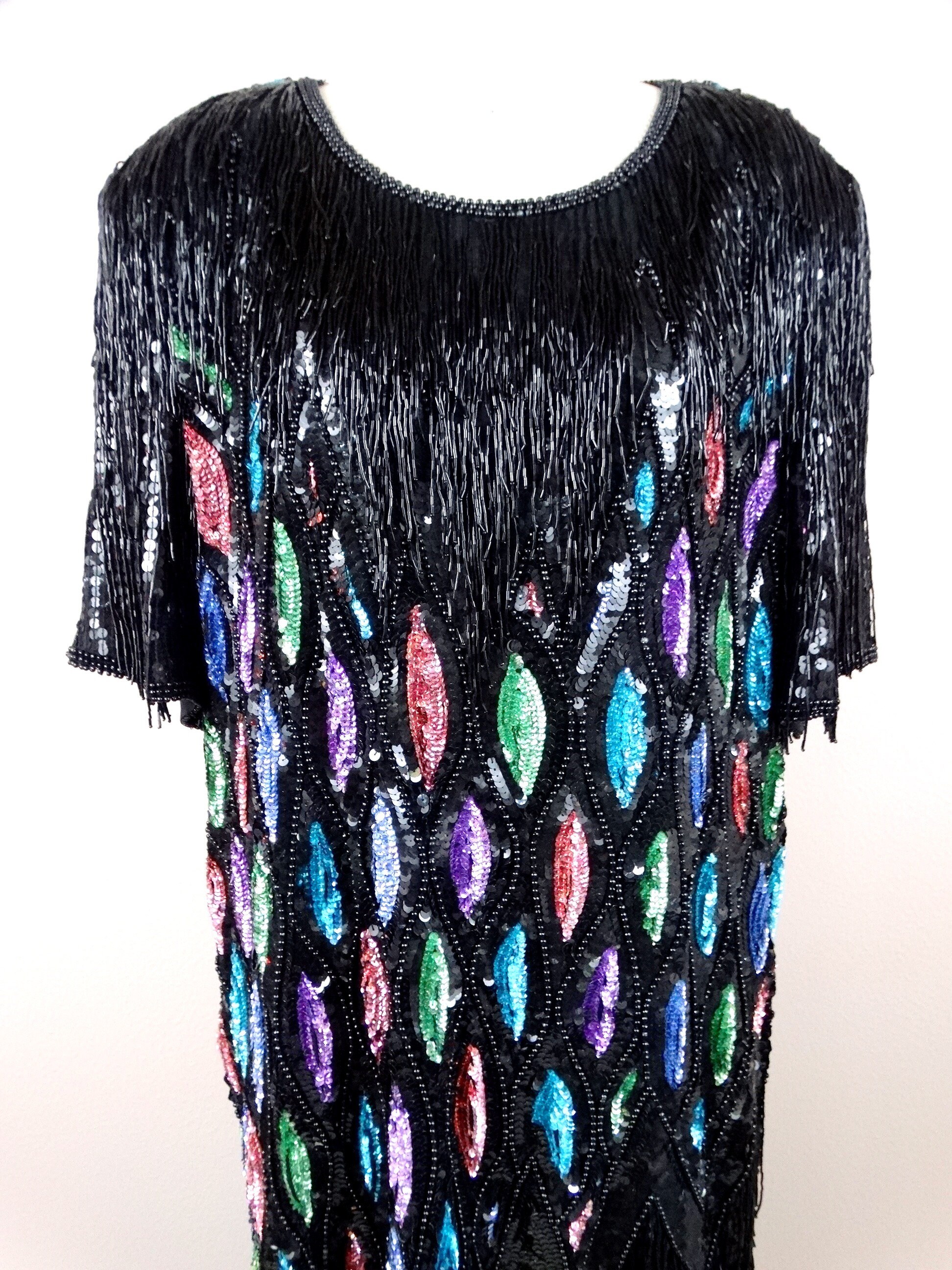 Plus Size Fringe Beaded Dress / Retro Sequin Vintage Dress 1x 2x - Etsy
