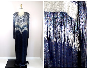 L/XL Fringe Glass Beaded Gown // Navy Blue and Silver Sequined Floor Length Dress // Heavily Embellished Formal Evening Gown