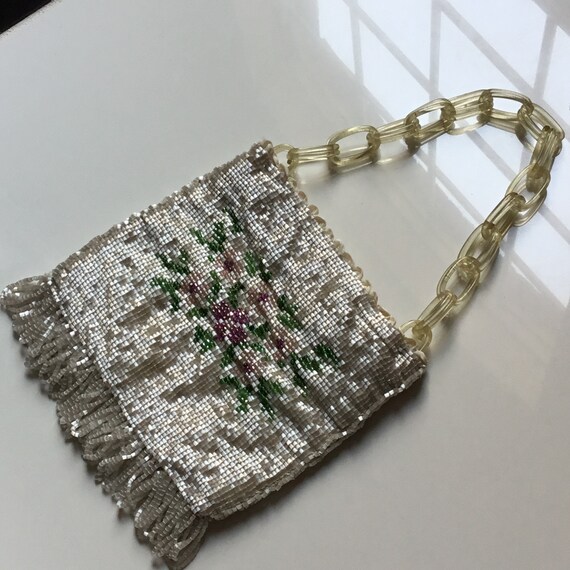 Antique Micro Beaded Scene Fringe Handbag // Art … - image 4