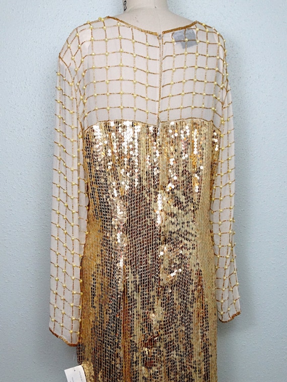 slim fit dress slacks Gold Sequin Sheer Corset Gown with High Slit and Rhinestone Details main image 1