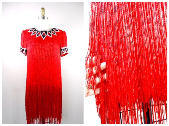 Bob Mackie Beaded Dress // Vintage Red Silk Fring… - image 10