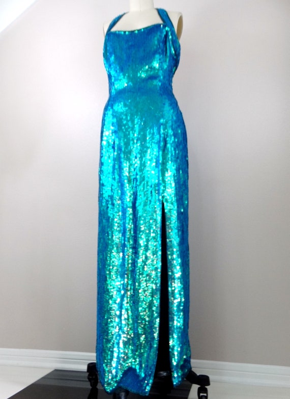 Iridescent Mermaid Sequin Gown / Opalescent Blue … - image 4