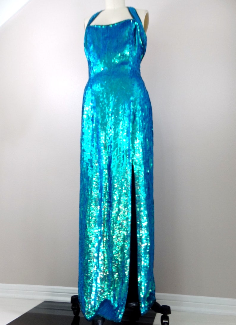 Iridescent Mermaid Sequin Gown / Opalescent Blue Green Chameleon Sequined Dress image 4