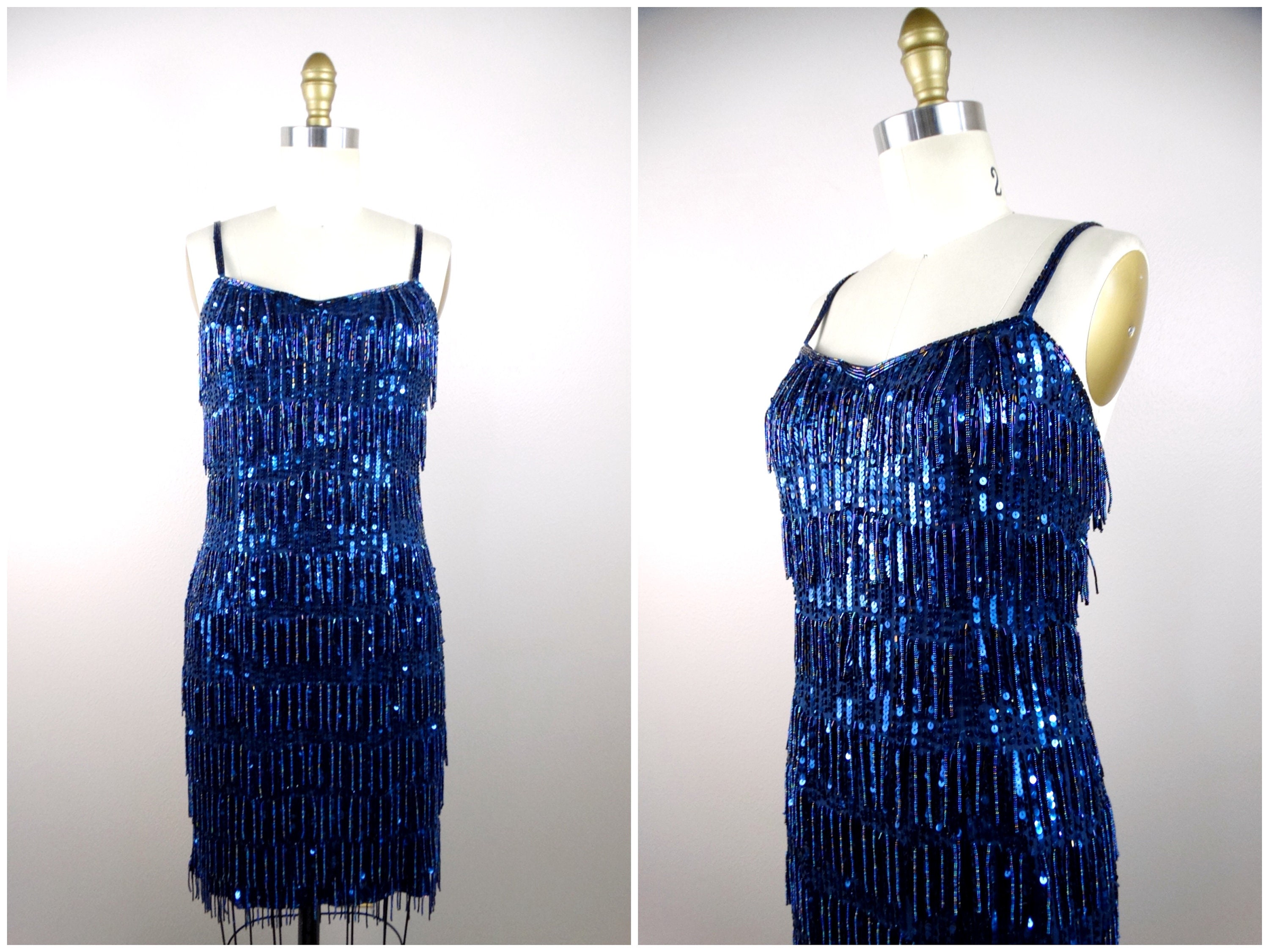 hand beaded ankle length dress in french blue Blue Short Sleeve Beaded Trim Boucle Midi Dress