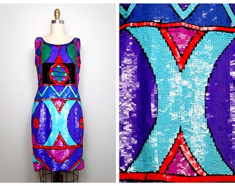 M/L Geometric Sequin Dress // Vintage Embellished Dress // Retro Purple and Blue Sequined Dress