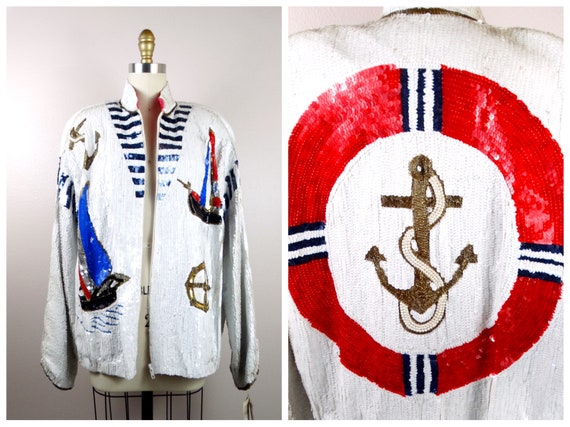 80s Nautical Novelty Sequin Vintage Jacket // Sai… - image 8