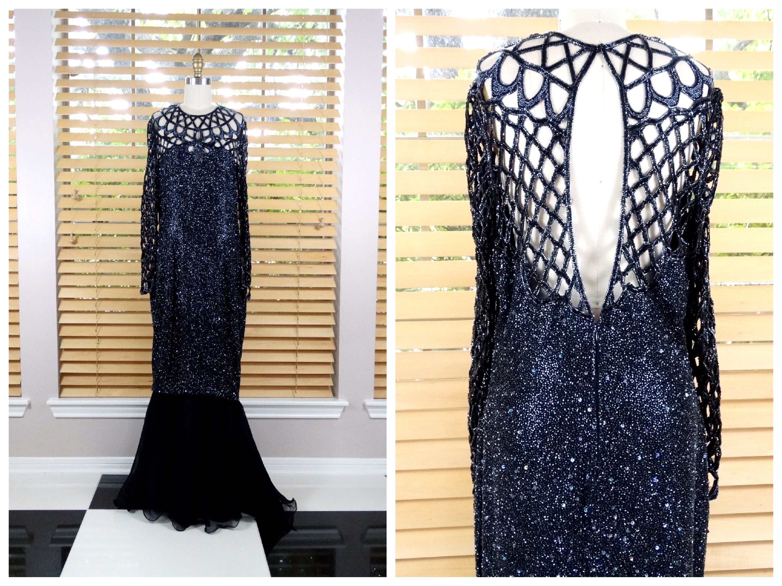 Naeem Khan Beaded Gown by RIAZEE / Sheer Lattice Sleeves All