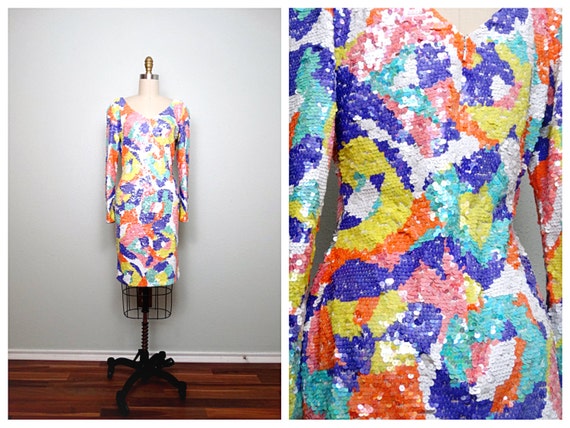 M/L Pastel Sequin Dress // Bright & Colorful Sequ… - image 1