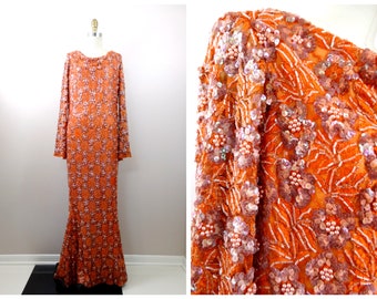 60s Orange Lace Pink Sequined Beaded Gown / 1960's Fully Beaded Maxi Dress w/ Wide Bell Sleeves