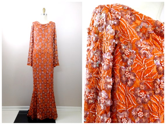 60s Orange Lace Pink Sequined Beaded Gown / 1960'… - image 1