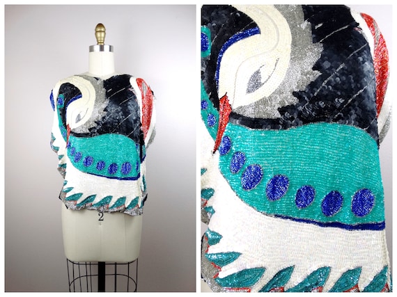 S/M Abstract Swan Sequined Top // Art Deco Swan Se