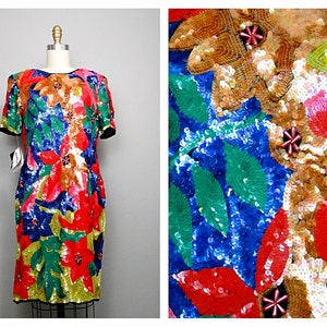 M/L Exotic Floral Sequin Dress / Bright Sequined Party Dress Large