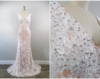 Pearl & Rhinestone Beaded Wedding Gown, Nude Boho Lace Dress Swoop Back Long Train
