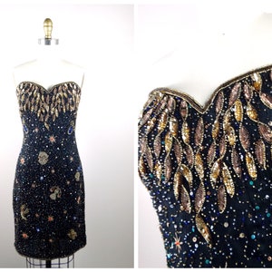 Astrology Beaded Sequin Dress // Zodiac Beaded Sequined Party Dress // Novelty Sequin Embellished Dress // Moon & Stars in Space Dress