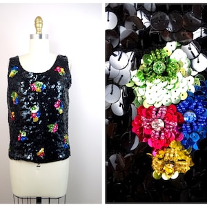 50s 60s Rhinestone Sequin Top / 1950&#39;s 1960&#39;s Ornate Crystal Jeweled Black Top