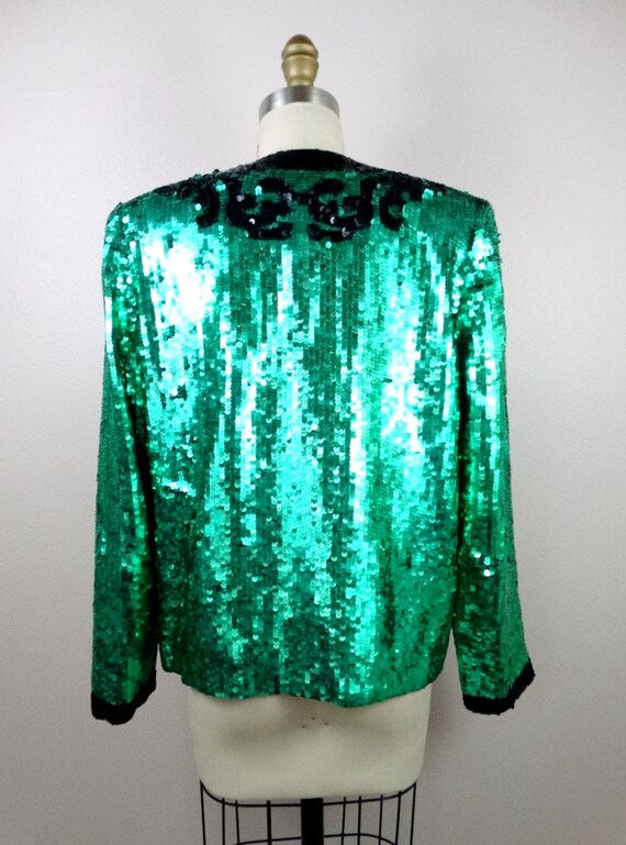 S/M Emerald Sequined Beaded Blazer / Bright Green… - image 5