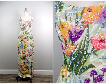 1960s 1970s Floral Sequin Gown, Spring Summer Maxi Dress