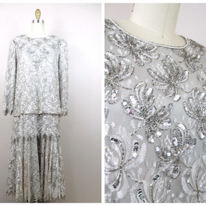 Boho Silver Lace Beaded Dress // Mother of the Bride Sheer Gray Lace Sequin Embellished Vintage Dress