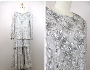 Boho Silver Lace Beaded Dress // Mother of the Bride Sheer Gray Lace Sequin Embellished Vintage Dress