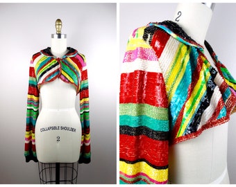Jaqueta curta rara com lantejoulas brilhantes / Jaqueta cropped listrada com lantejoulas / Bolero com lantejoulas de inspiração vintage / Jaqueta bolero com lantejoulas arco-íris