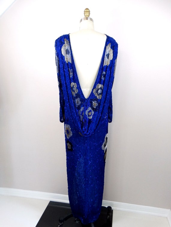 Royal Blue Beaded Gown // Open Back Silk Embellis… - image 5