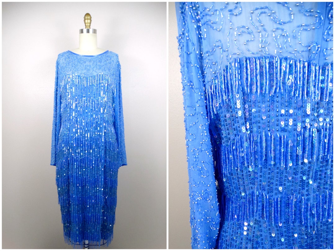 L/XL All Over Fringe Beaded Sequined Dress // Periwinkle Blue Fringed Beaded Sequin Dress ...