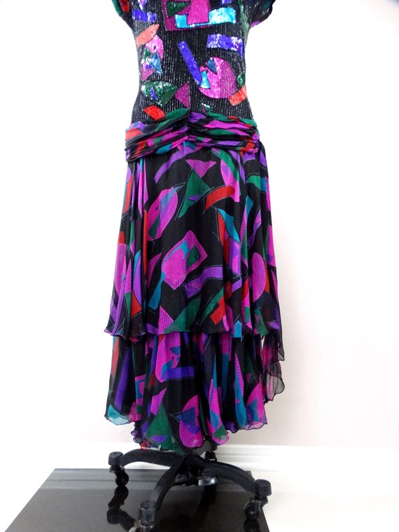 Vtg Silk Beaded Sequin Dress / Sheer Chiffon Embe… - image 5