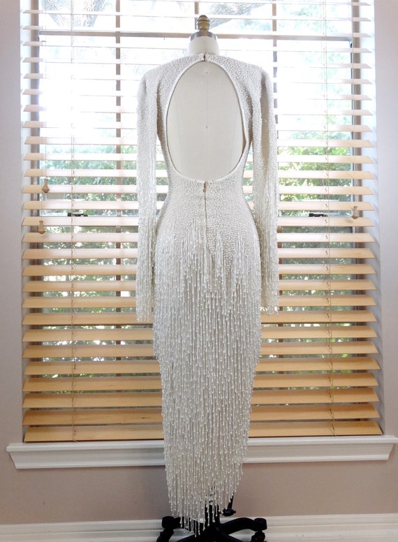 Dripping Pearls Beaded Wedding Dress / White Silk… - image 6