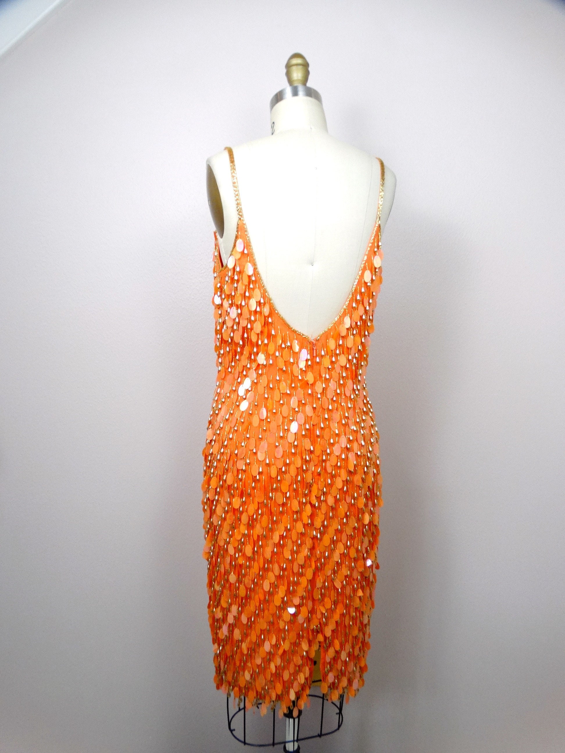 Orange Paillette Sequin Party Dress / Bright Embellished Cocktail Dress / Gold Beaded Fringe Teardrop Paillettes Sequined Dress Orange Paillette Sequin Party Dress / Bright Embellished Cocktail Dress / Gold Beaded Fringe Teardrop Paillettes Sequined Dress