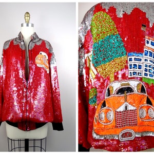80s Sequin Classic Car Coat / 1980’s Retro Red Vintage Car Novelty Embellished Bomber Jacket