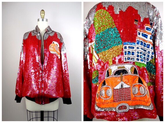 80s Sequined Classic Car Coat // 1980’s Retro Red… - image 1