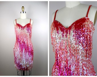 Electric Pink Beaded Fringe Dress // Iridescent Sequined Mini Dress // Sequin Embellished Tassel Beaded Dress