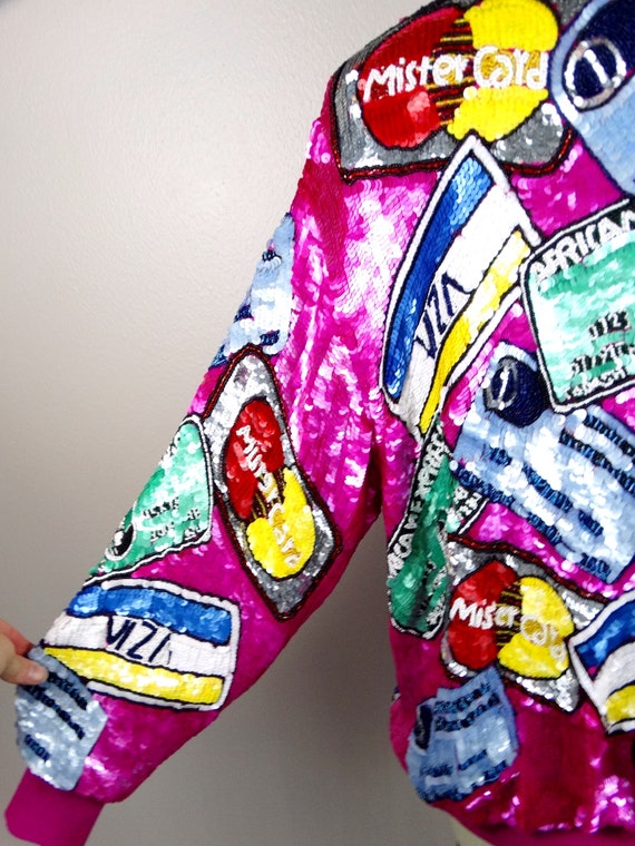 RARE Credit Card Sequin Jacket / Novelty Hot Pink… - image 8