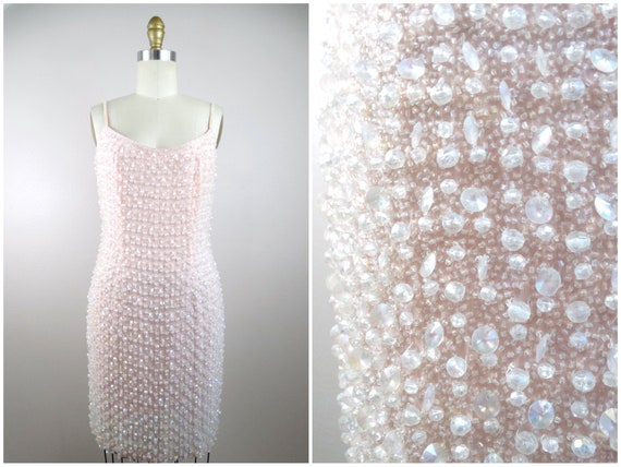 80s Iridescent Jewel Beaded Dress // Pastel Blush… - image 6