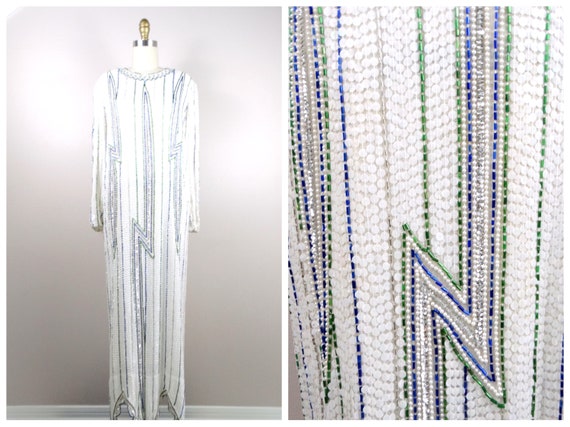ELECTRIC Sequined Crystal Beaded Gown // White an… - image 8