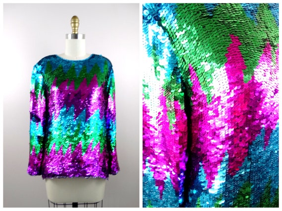 VTG Electric Sequin Top // Bright Pink Purple Gre… - image 1