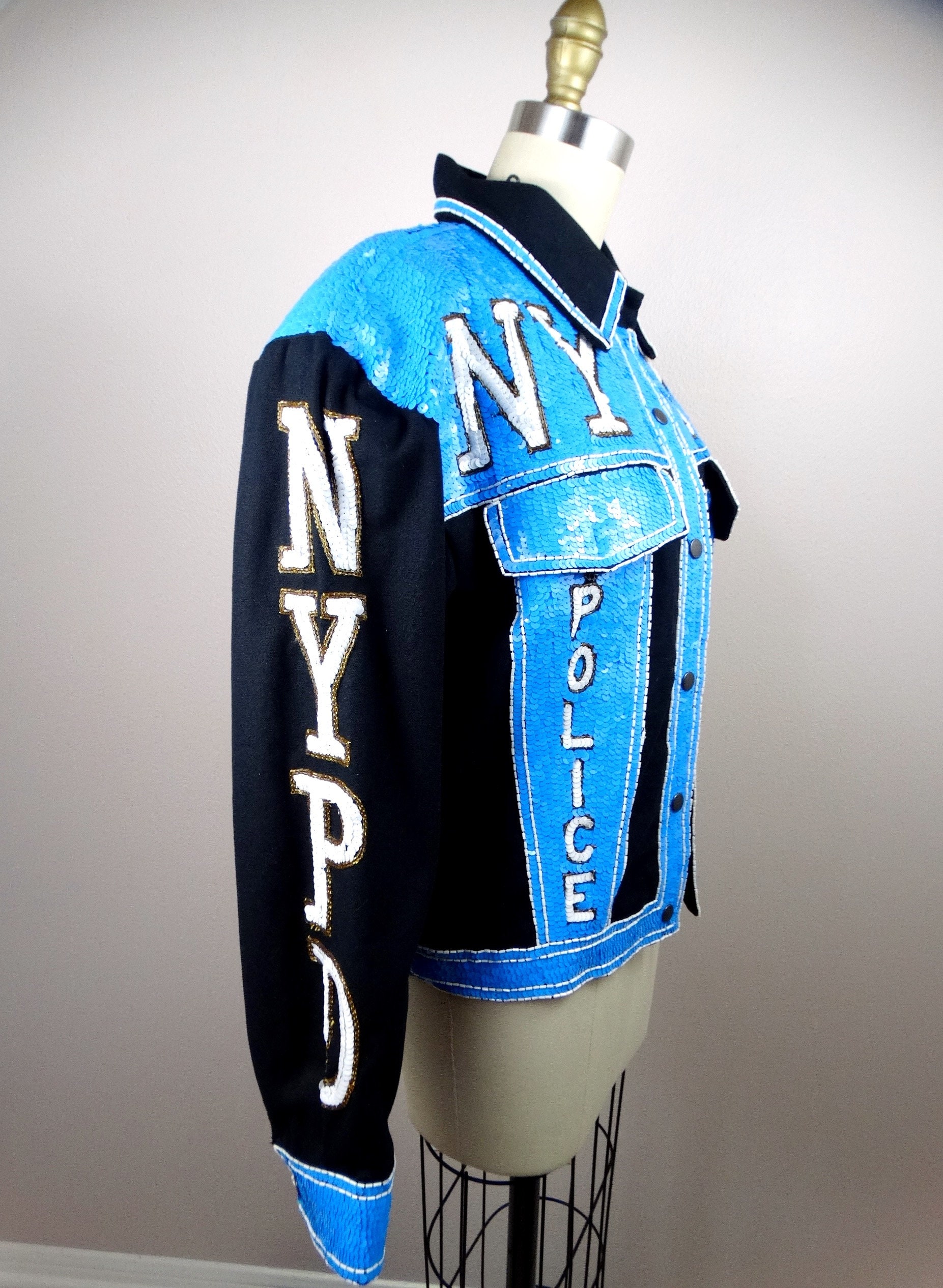 【超希少】NYPDデューティージャケット US :S/ JP :M～L Rare 80s Sequin NYPD Jacket, Vintage Beaded Novelty Denim - Etsy