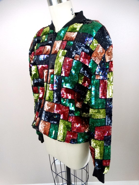 L/XL 80’s Retro Sequin Jacket // Colorful Colorbl… - image 4