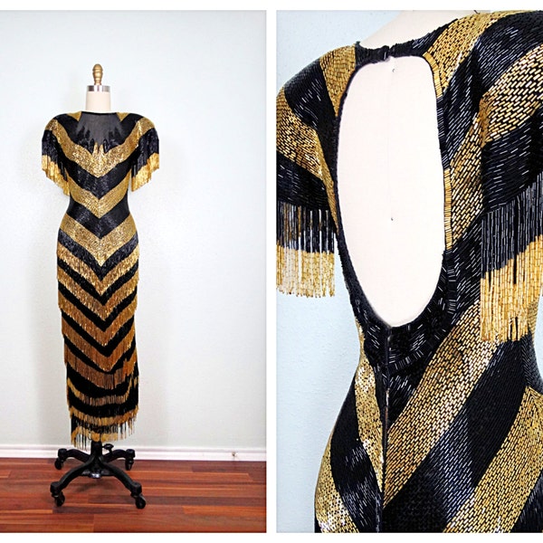 Reserved** 1920's Black and Gold Beaded Dress / Great Gatsby Embellished Flapper Dress / Fringed Bead Gown
