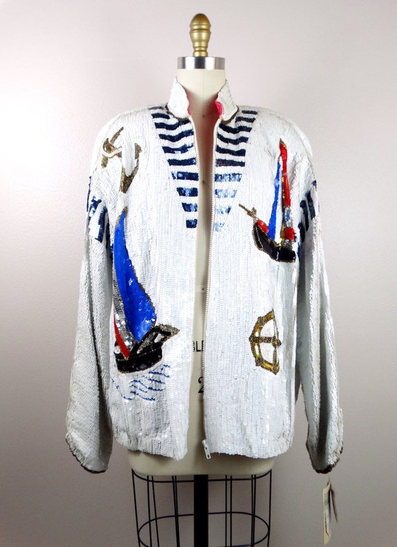80s Nautical Novelty Sequin Vintage Jacket // Sailing Sailor