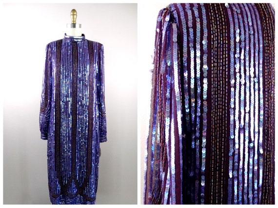 70s Couture Sequin Gown / 1970s Eggplant Dark Pur… - image 7