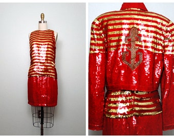 80s Sequin Top Jacket & Skirt Set / 1980&#39;s Vintage Nautical Red and Gold Striped Sequined Trophy Jacket Dress Ensemble