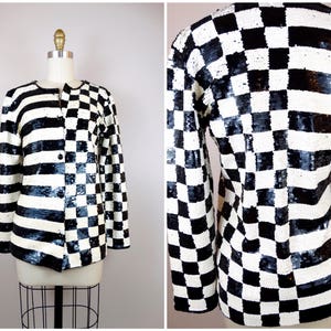 MOD Vintage Sequin Top / 90s Retro Stripe and Checker Print Sequined Jacket S Small