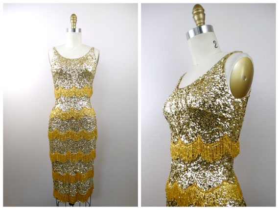50s Bombshell Sequined Fringe Beaded Dress / 1950… - image 5